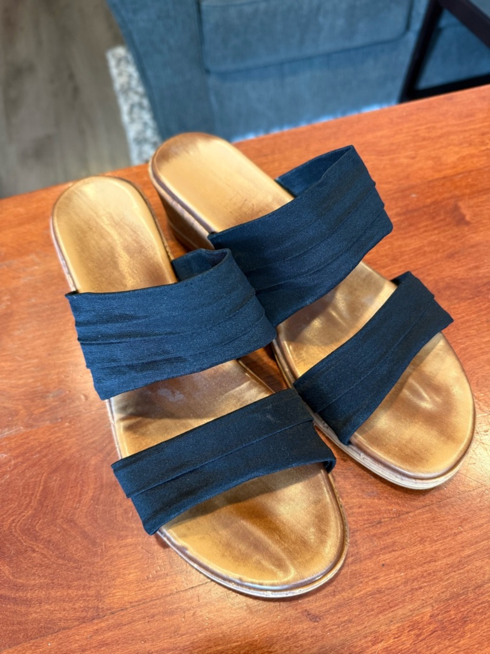 Women's Black Double-Strap Slide Sandals with Gold Footbed